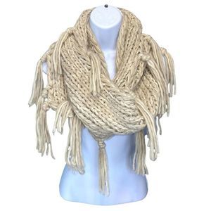 Chunky Cable Knit Oversized Fringe Infinity Scarf Cream Beige 35"